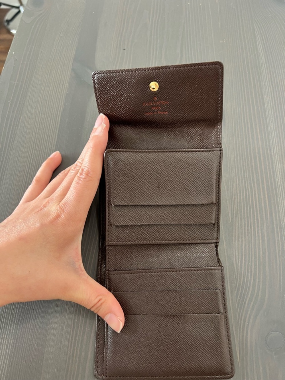 Louis Vuitton Damier Ebene Elise Trifold Wallet Brown Canvas Snap Vintage Auth - Picture 8 of 12
